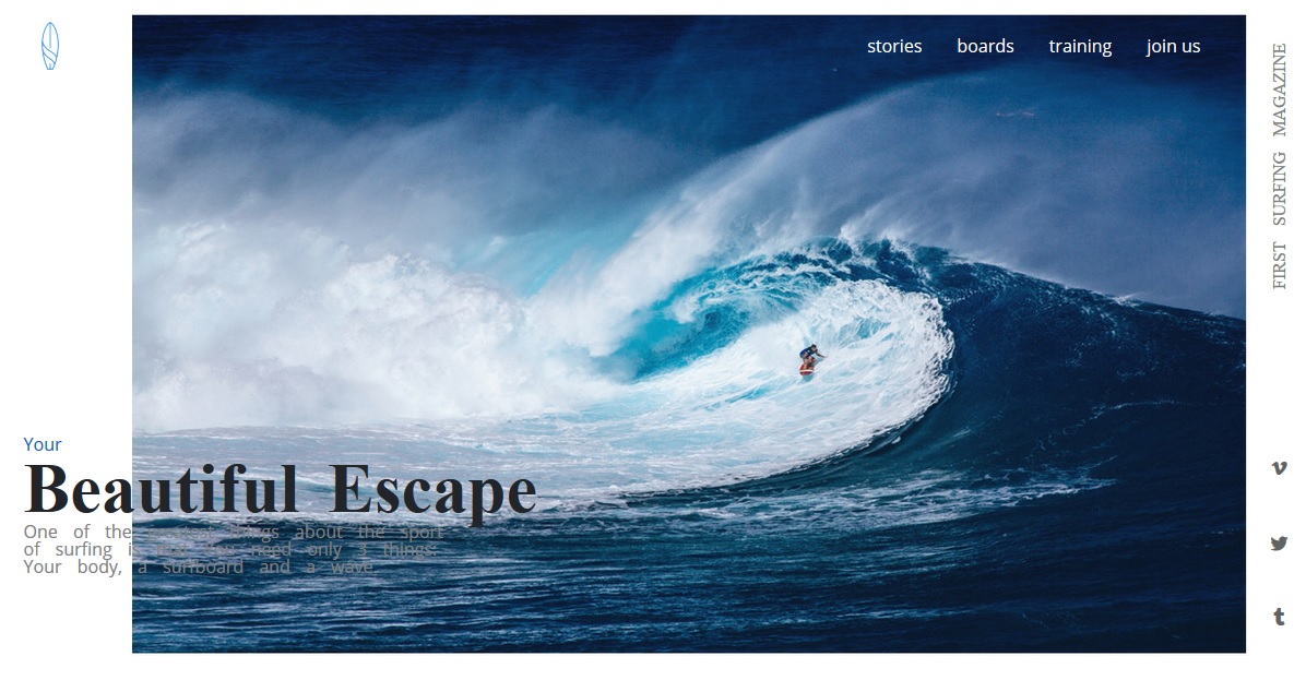 Page based on PSD file about surfing on the sea